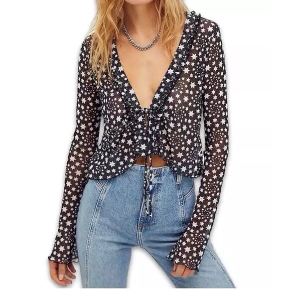 Free People Star Print Tie Front Sheer Long Sleeve Marne Top Black White Size XS - Picture 15 of 16
